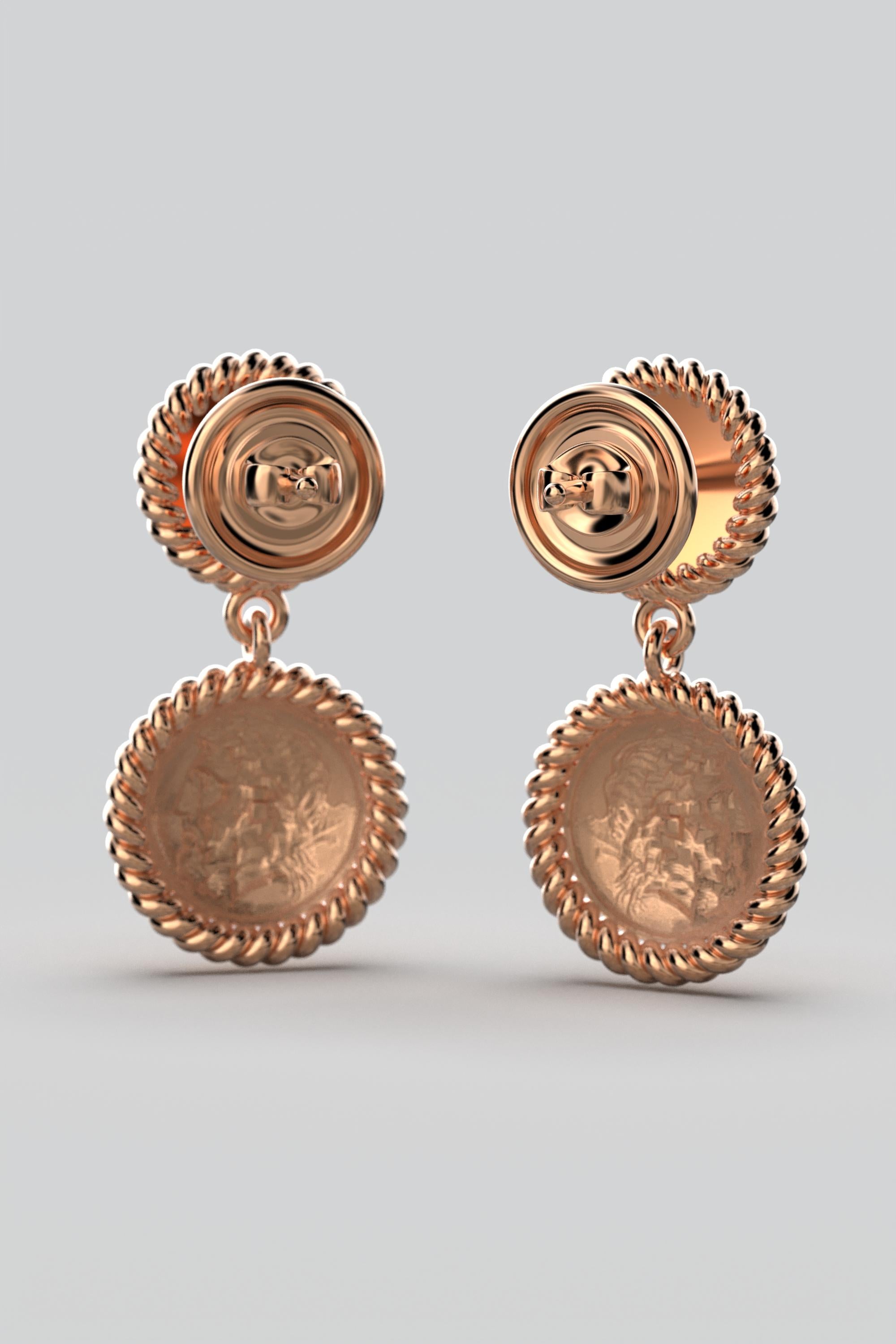 Italian 14k Gold Dangle Earrings in Ancient Greek Style, Zeus Coin Earrings For Sale 5