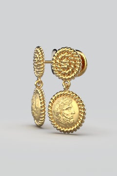 Italian 14k Gold Dangle Earrings in Ancient Greek Style, Zeus Coin Earrings