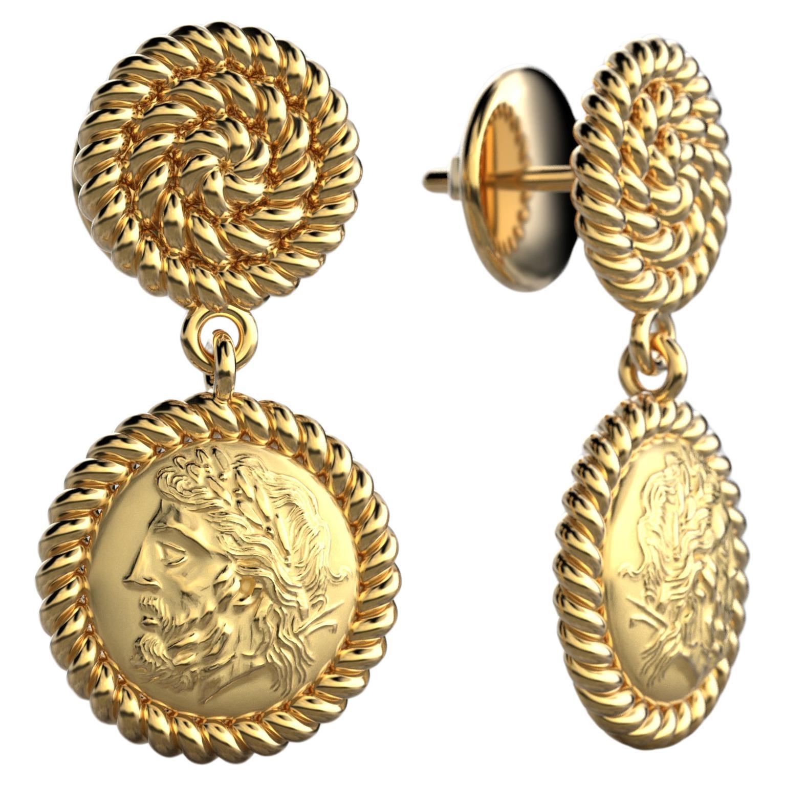 Pendants d'oreilles italiens en or 14 carats de style grec ancien, pièce de monnaie Zeus