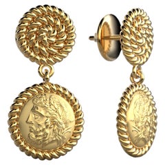 Pendants d'oreilles italiens en or 14 carats de style grec ancien, pièce de monnaie Zeus