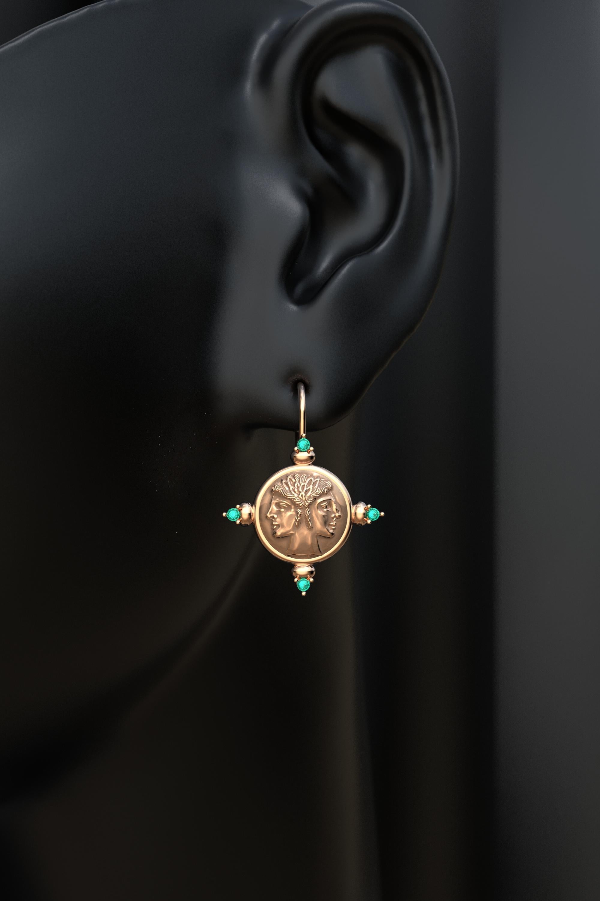 Italian 14k Gold Earrings in ancient Roman Style with Emeralds, made to order For Sale 4