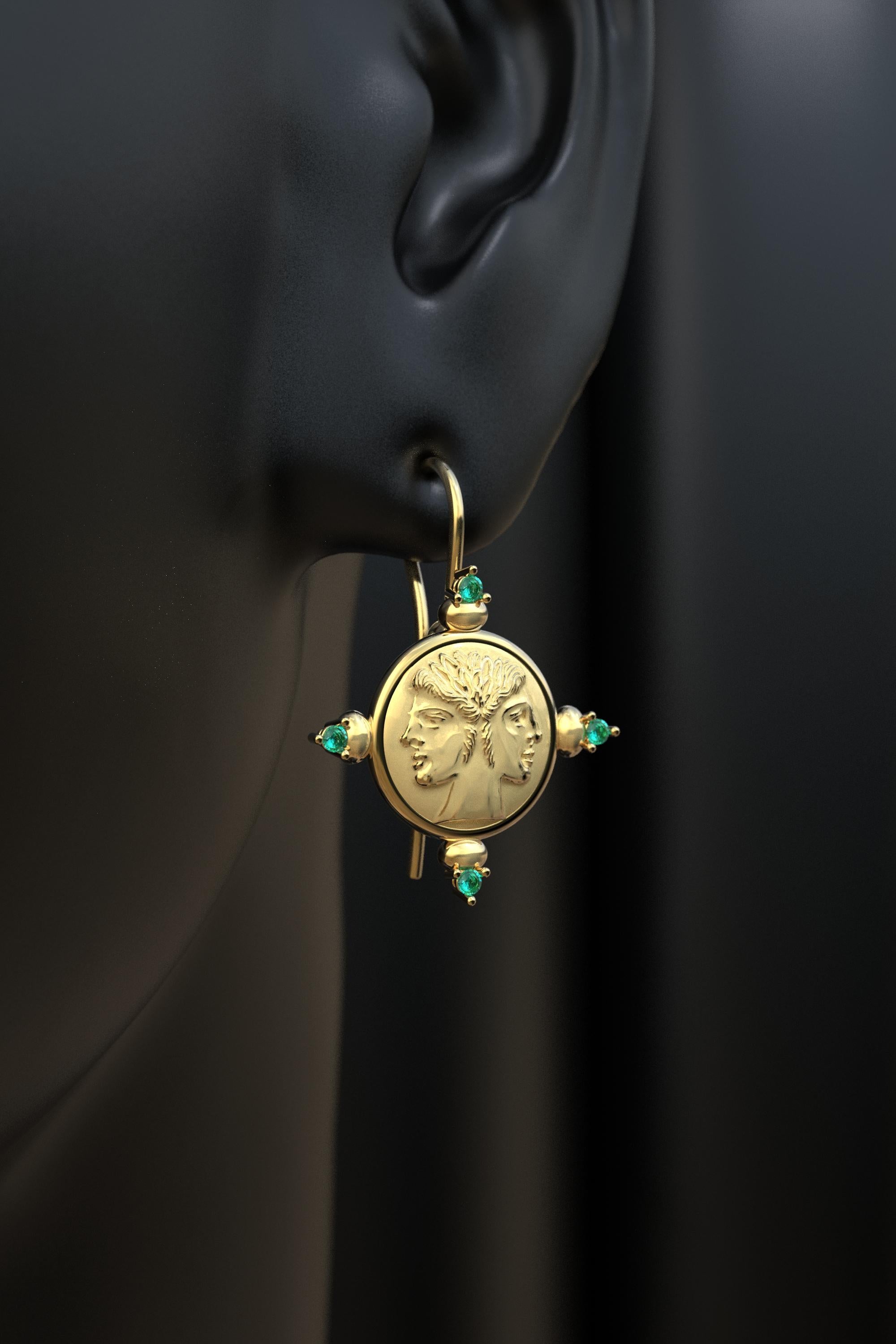 Italian 14k Gold Earrings in ancient Roman Style with Emeralds, made to order For Sale 1
