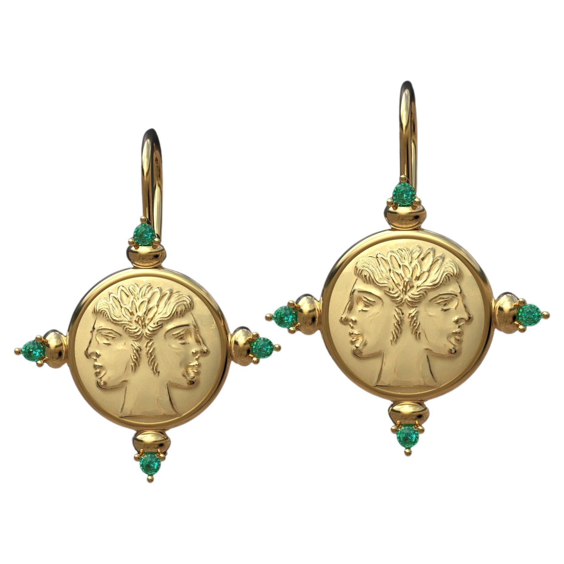 Italian 14k Gold Earrings in ancient Roman Style with Emeralds, made to order For Sale