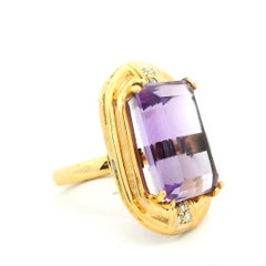 Italian 14K Gold Emerald-Cut Amethyst Diamond Cocktail Ring