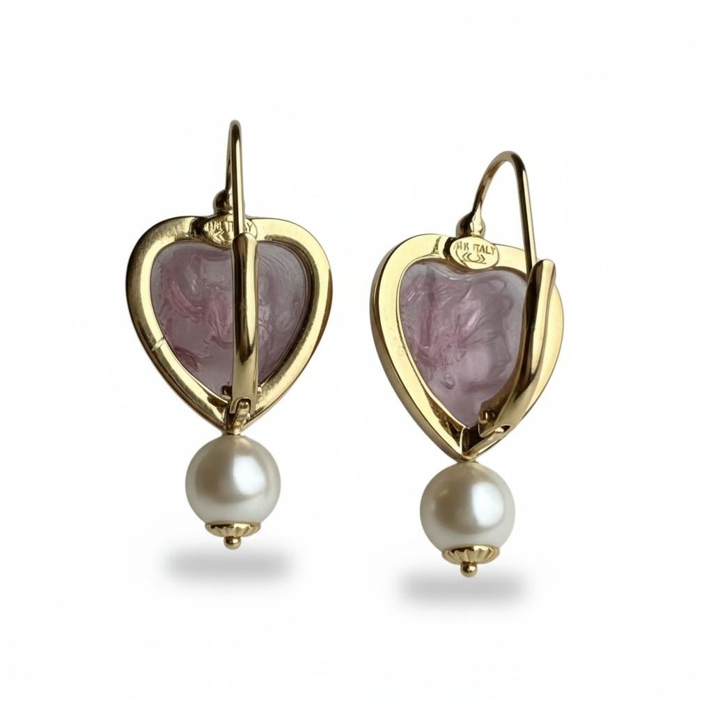 Boucles d'oreilles italiennes en or 14 carats avec camées déesses en améthyste sculptées à la main en vente 2
