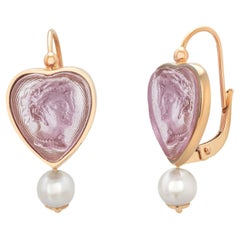 Italian 14K Gold Hoop Earrings with Hand-Carved Amethyst Goddess Cameos