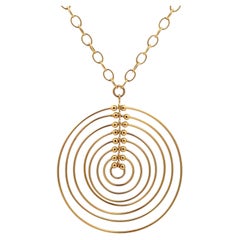 Italian 14k Gold Large Concentric Circles Open Pendant Cable Link Chain Necklace
