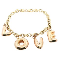 Italian 14k Gold "LOVE" Puffed Dangle Charm Letters Open Link Chain Bracelet