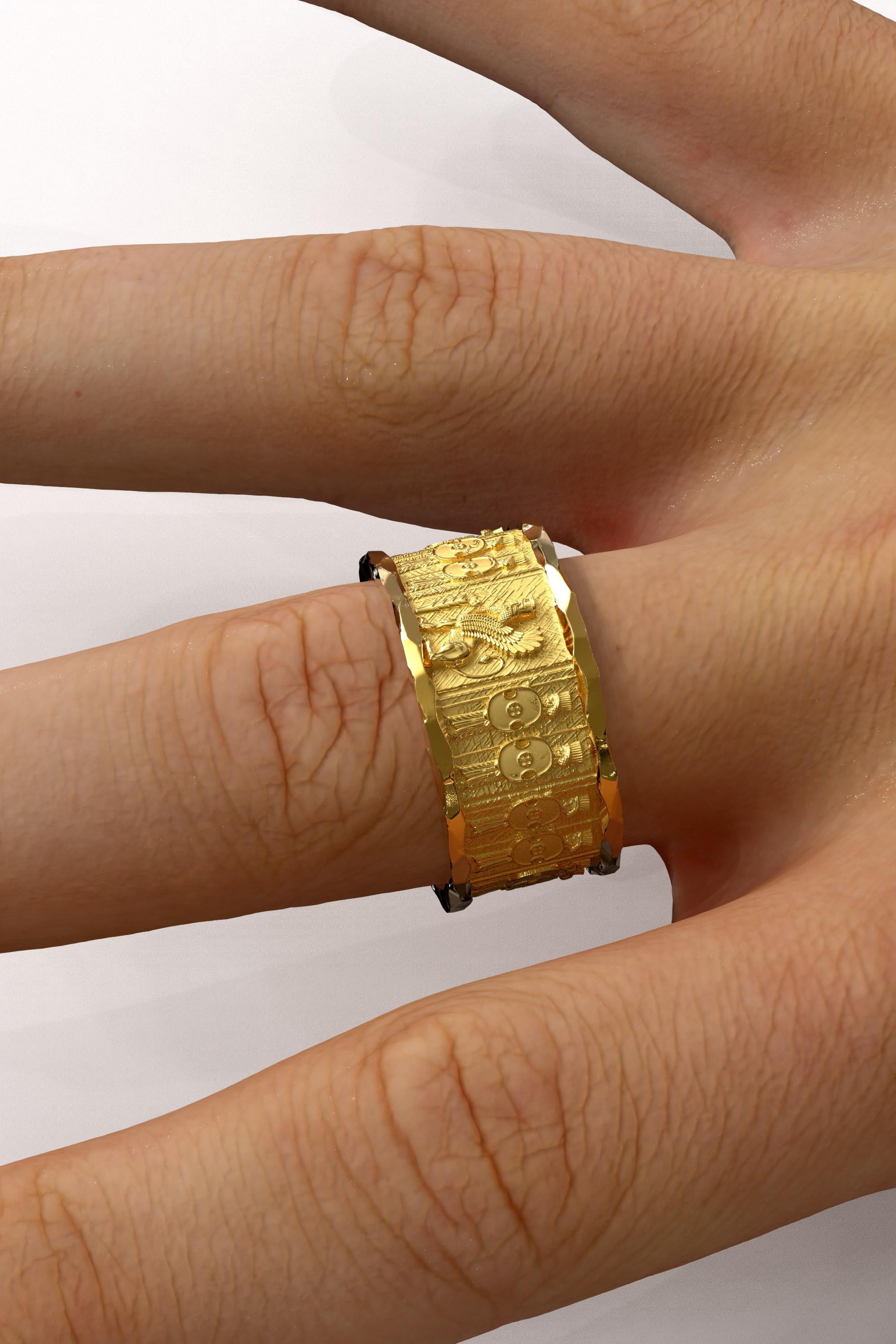 For Sale:  Italian 14k Gold Ring with Temple of Persepolis Bas-Reliefs, Persian Style Ring 9