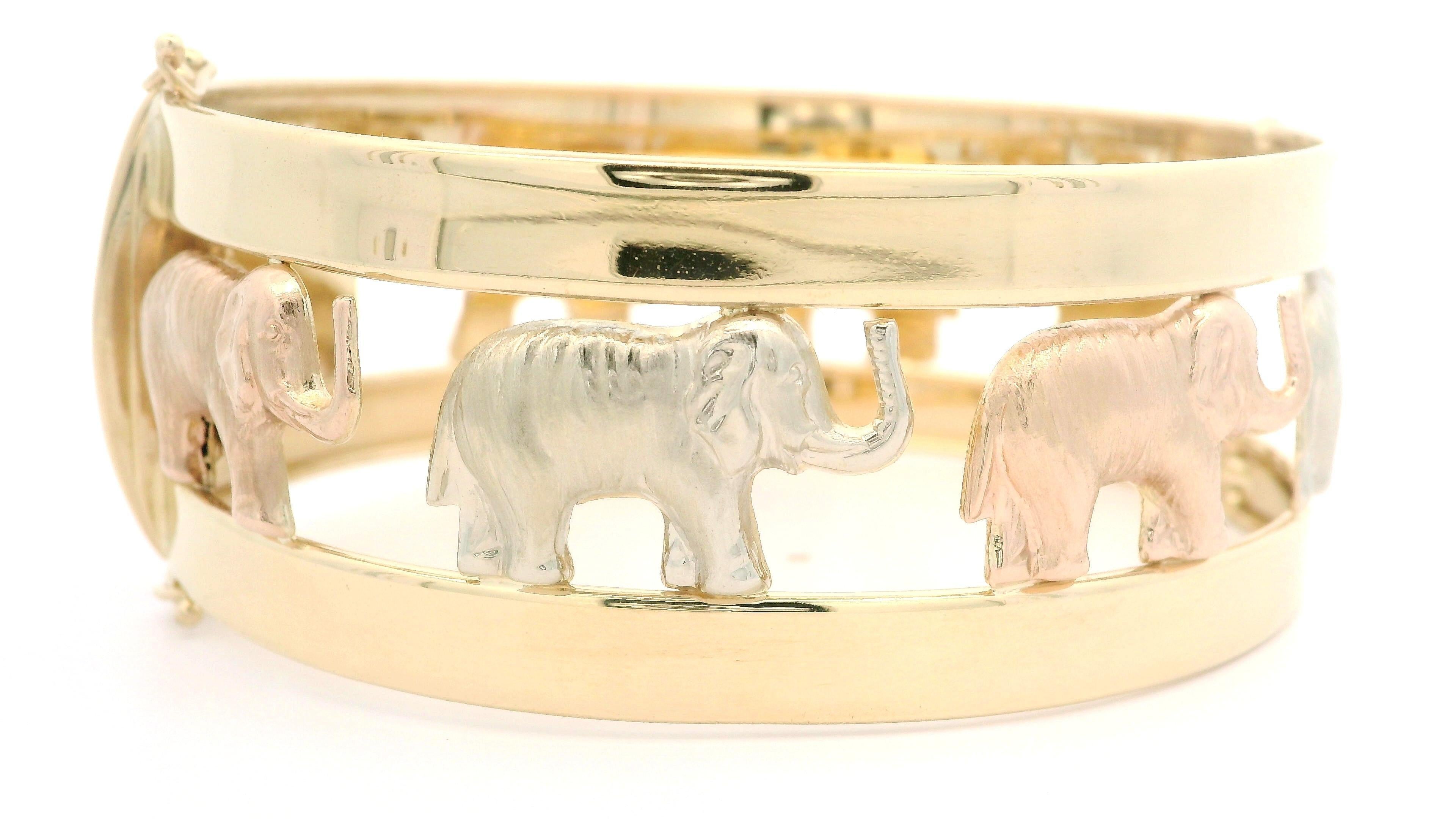 Italian 14k Tri Color Gold Open Work Polished & Textured Elephant Hinged Bangle For Sale 6