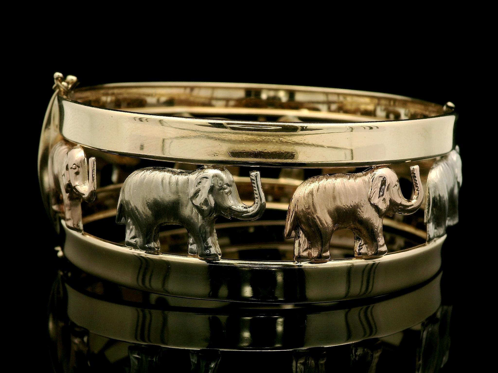 Italian 14k Tri Color Gold Open Work Polished & Textured Elephant Hinged Bangle For Sale 7