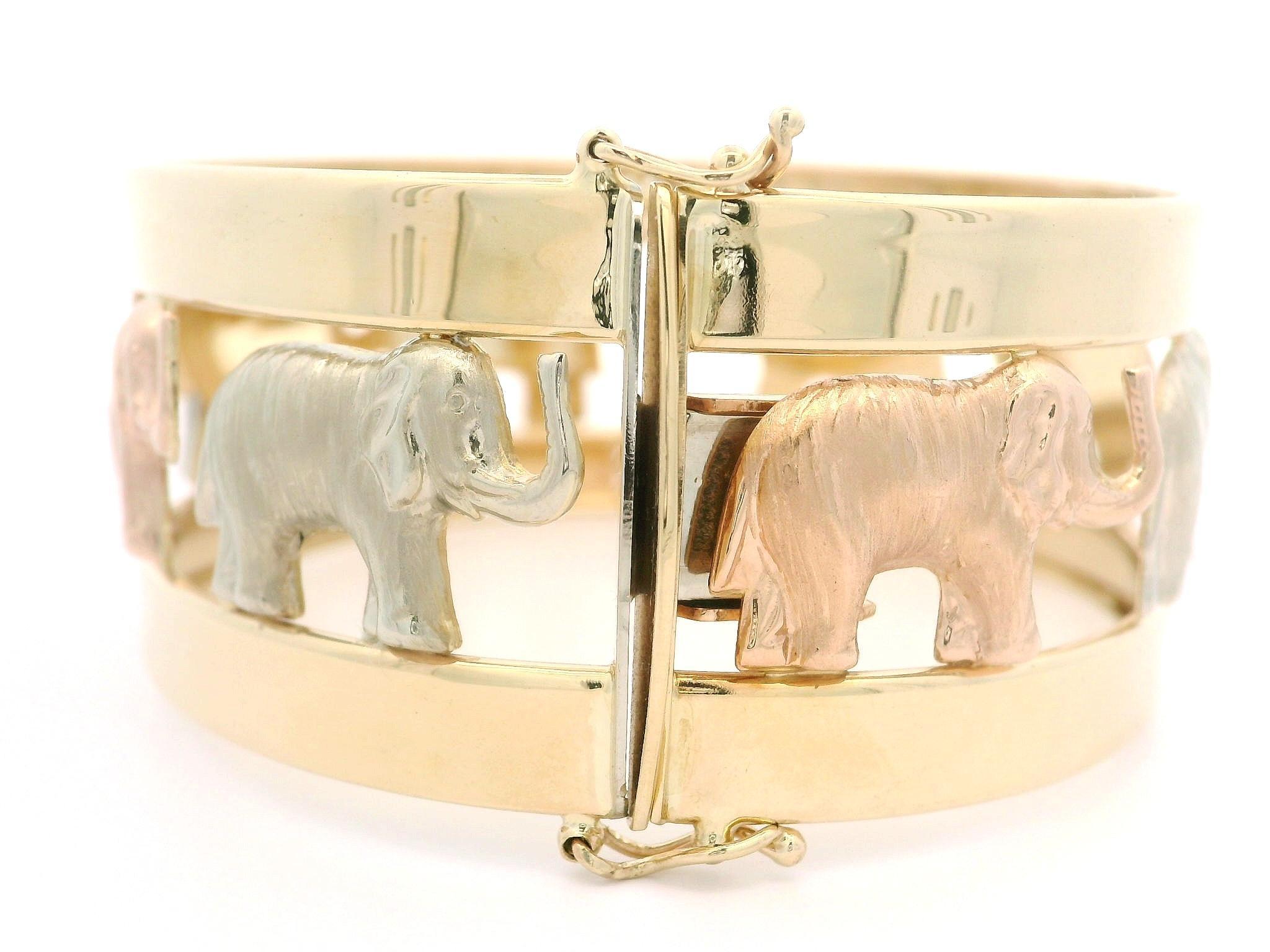 Italian 14k Tri Color Gold Open Work Polished & Textured Elephant Hinged Bangle In Excellent Condition For Sale In Montclair, NJ
