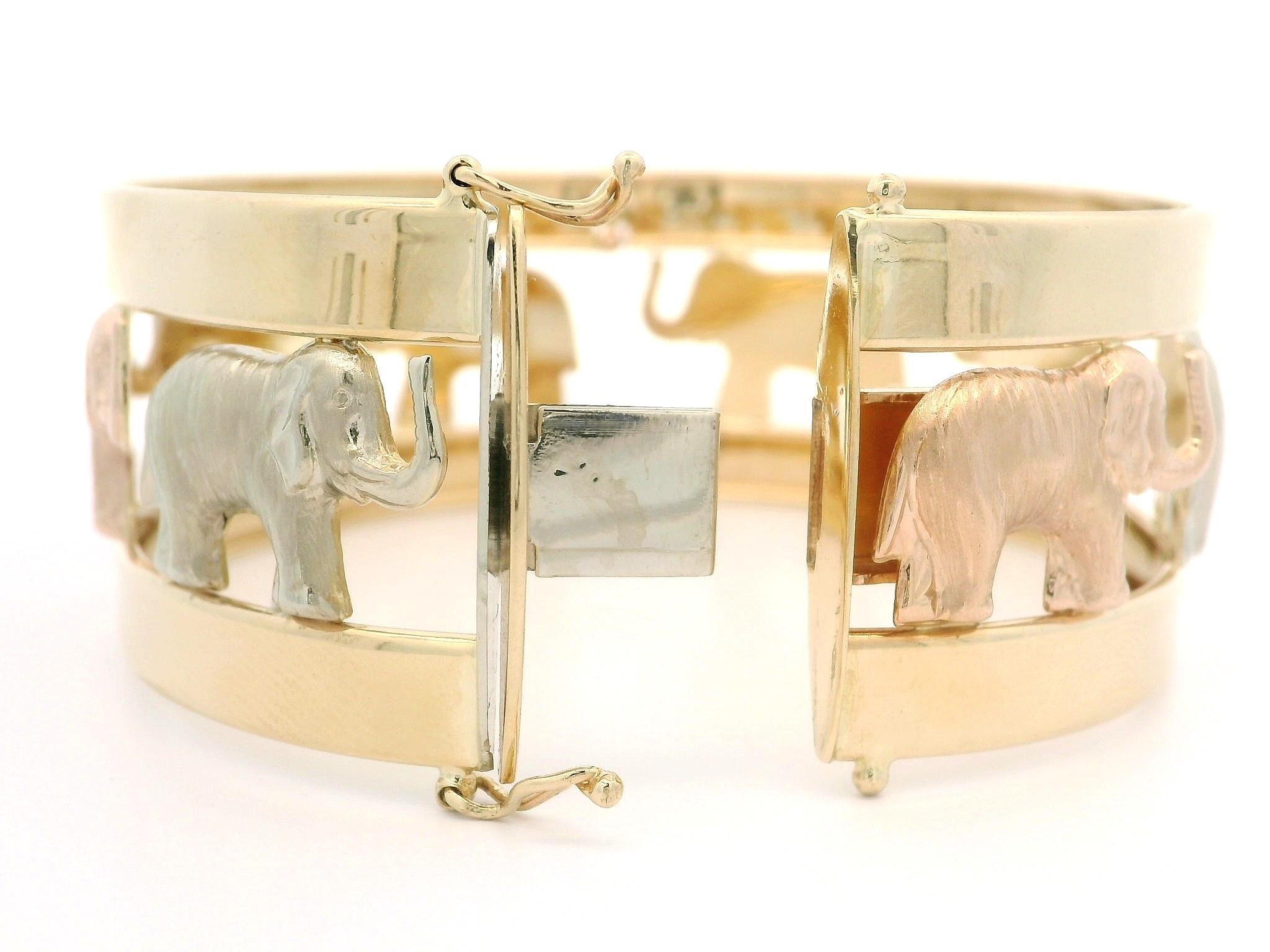 Women's Italian 14k Tri Color Gold Open Work Polished & Textured Elephant Hinged Bangle For Sale