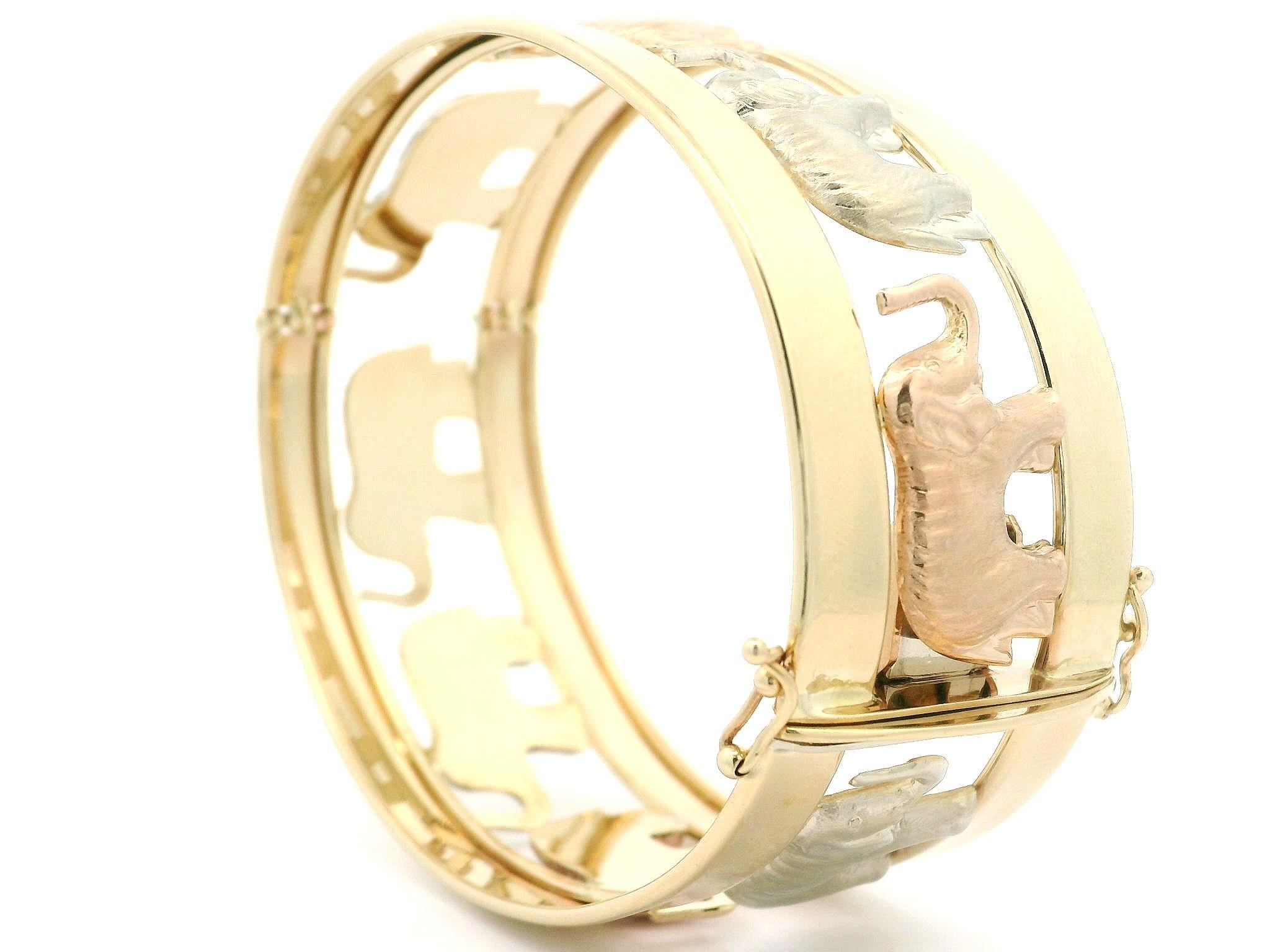 Italian 14k Tri Color Gold Open Work Polished & Textured Elephant Hinged Bangle For Sale 2