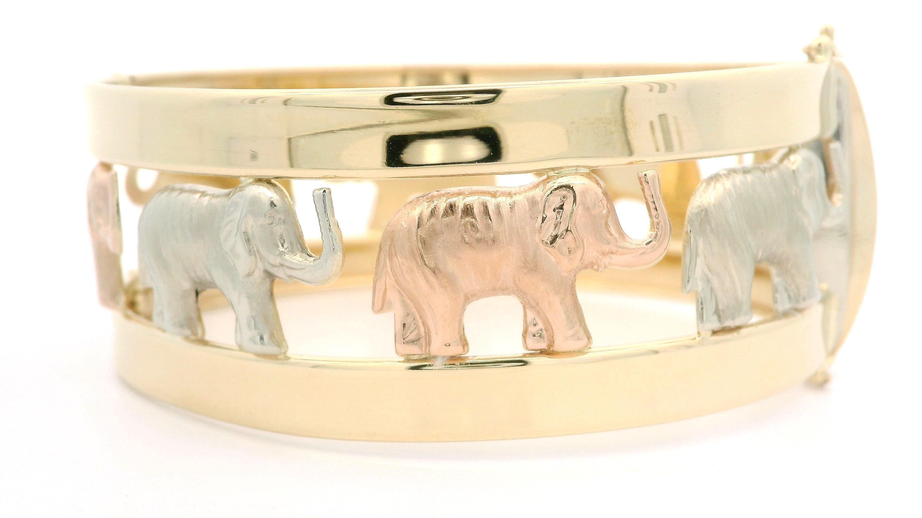 Italian 14k Tri Color Gold Open Work Polished & Textured Elephant Hinged Bangle For Sale 4
