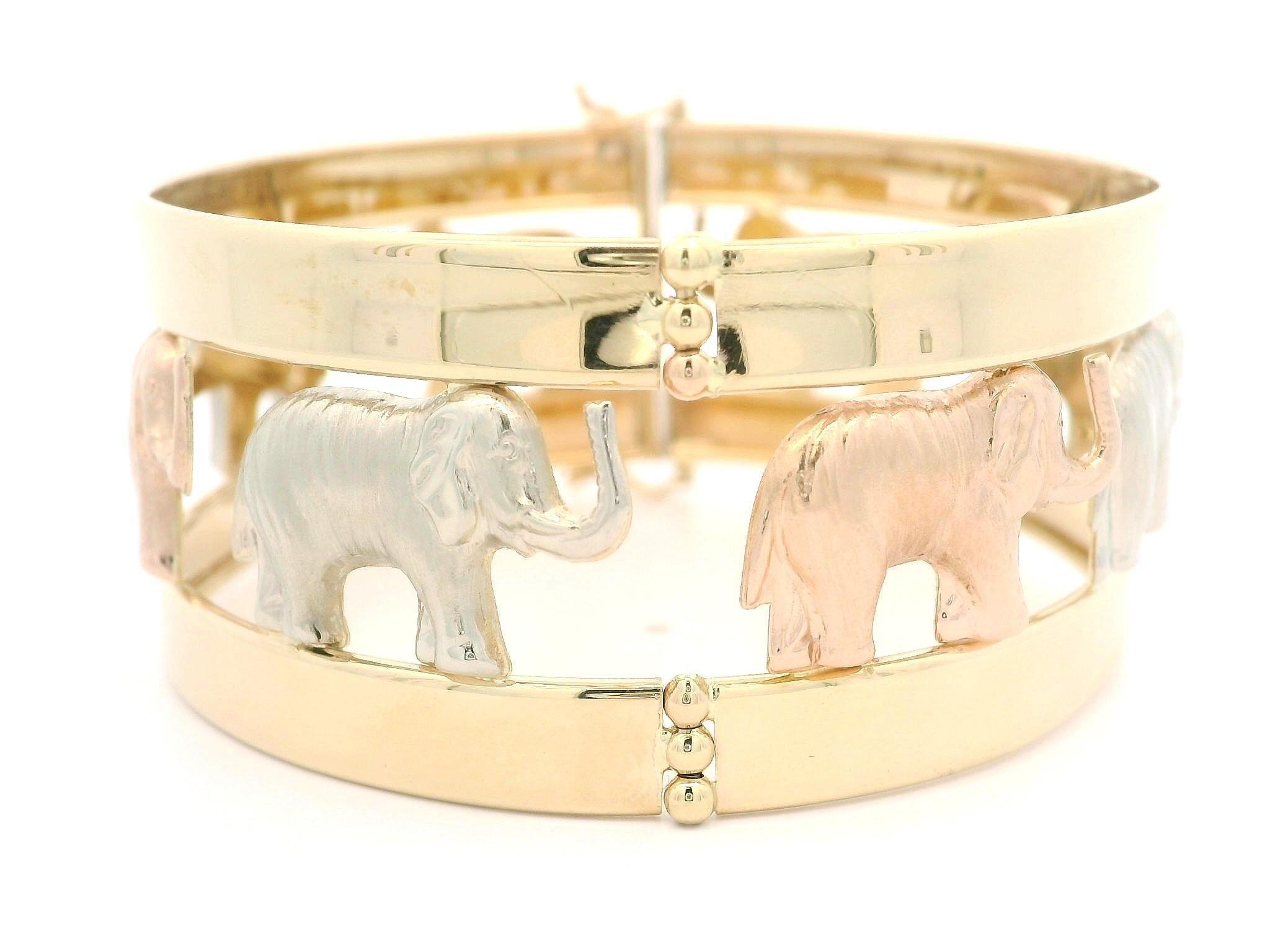 Italian 14k Tri Color Gold Open Work Polished & Textured Elephant Hinged Bangle For Sale 5