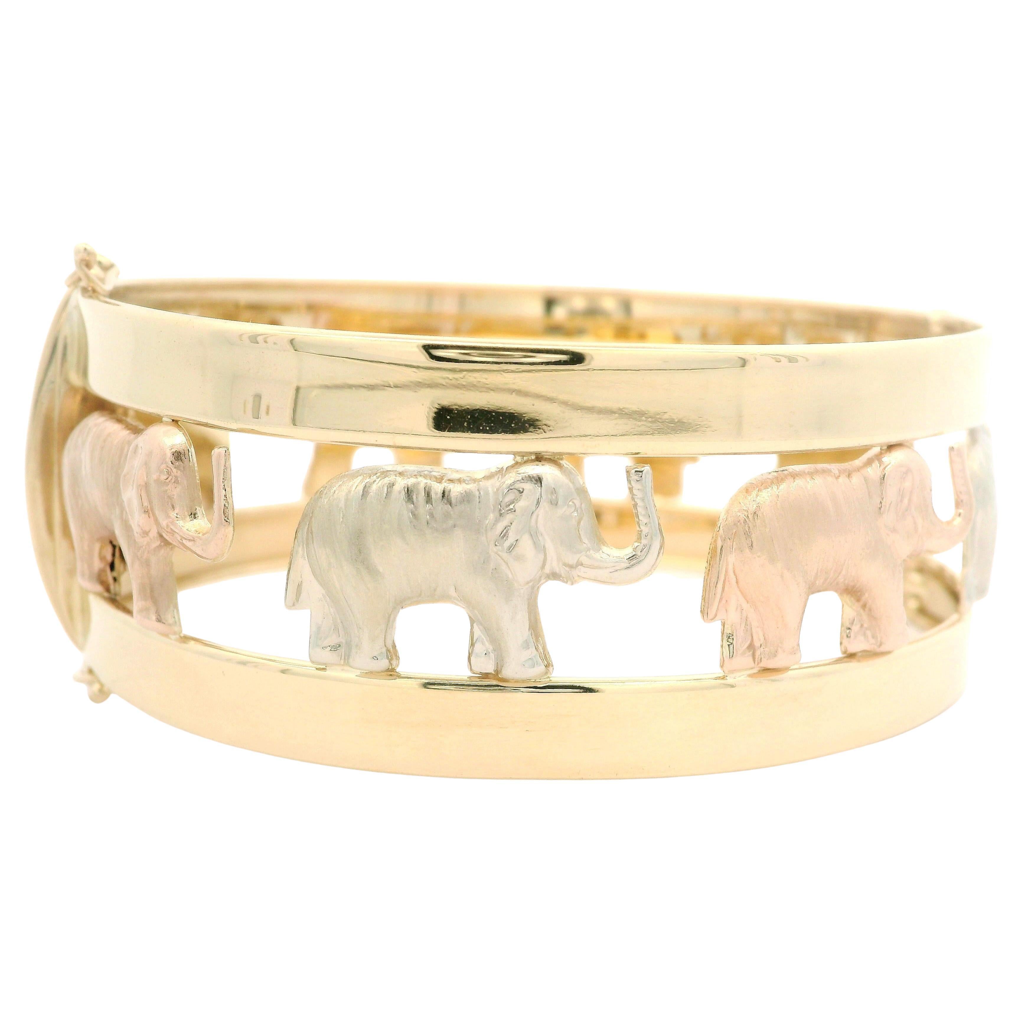 Italian 14k Tri Color Gold Open Work Polished & Textured Elephant Hinged Bangle