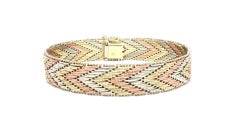 Italian 14k Tri-Color Gold Textured Faceted V Chevron Link Flat Strap Bracelet