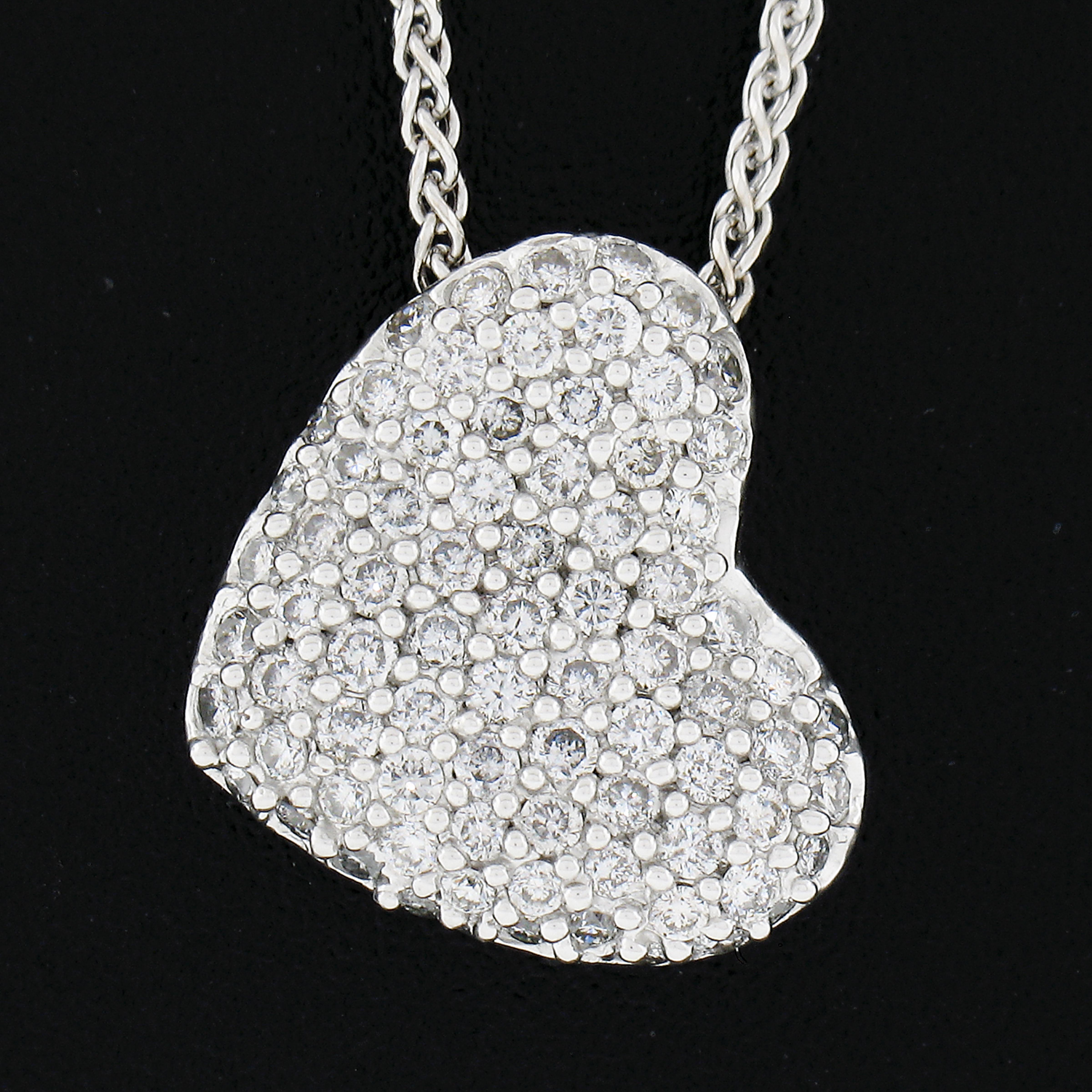 Taglio brillante Ciondolo a scorrimento con cuore in oro bianco 14k 1.0ct Pave con catena a grano da 16