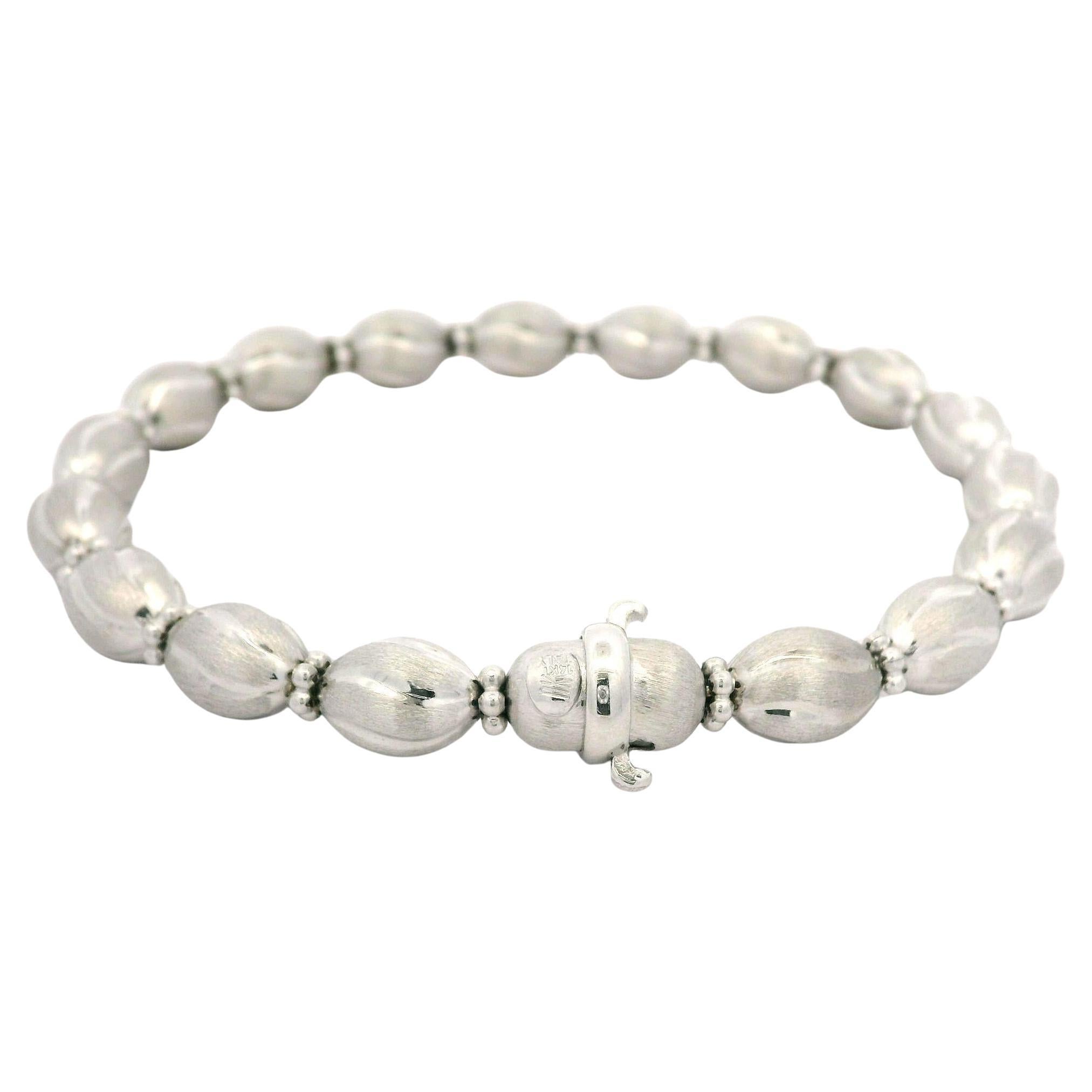 Pulsera de eslabones ovalados de oro blanco italiano de 14 quilates de 7 pulgadas con acabado cepillado y corte pulido