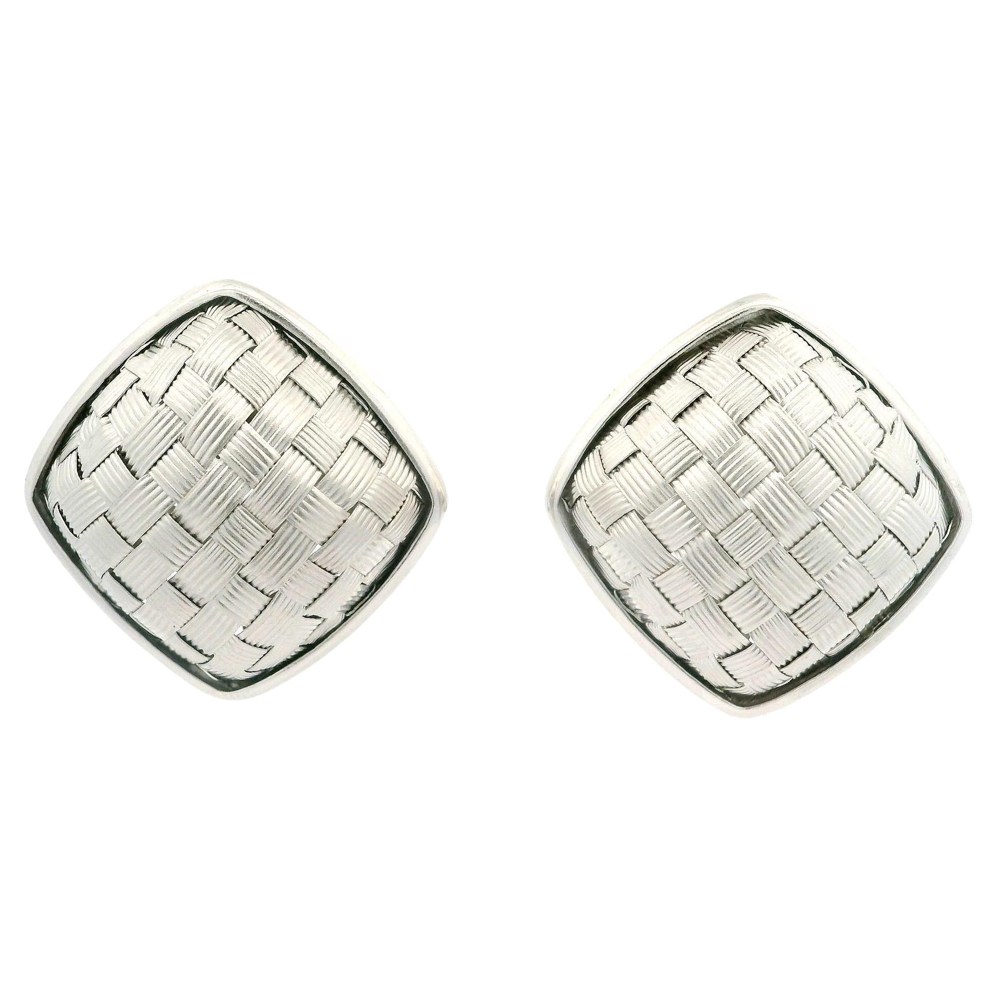 Italian 14k White Gold Cushion Hand Basket Weave Domed Button Earrings