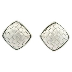Italian 14k White Gold Cushion Hand Basket Weave Domed Button Earrings