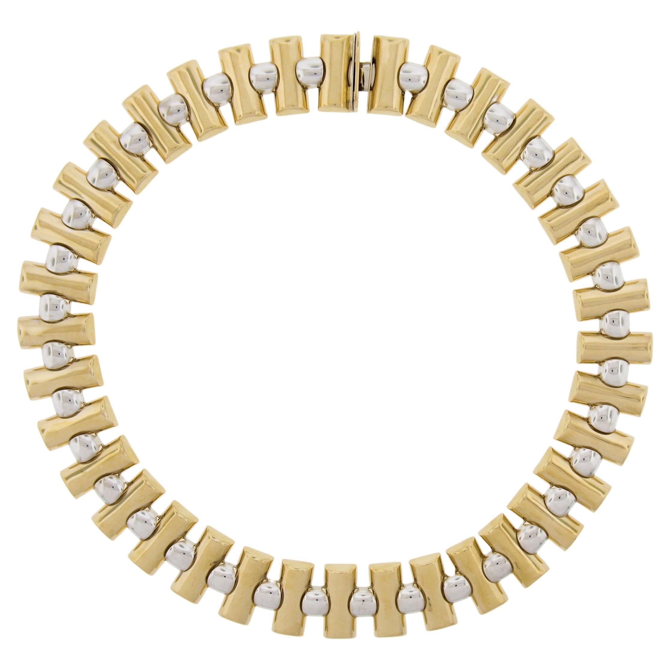 Italian 14k White & Yellow Gold 17.5" Polished Finish Geometric Link Necklace For Sale