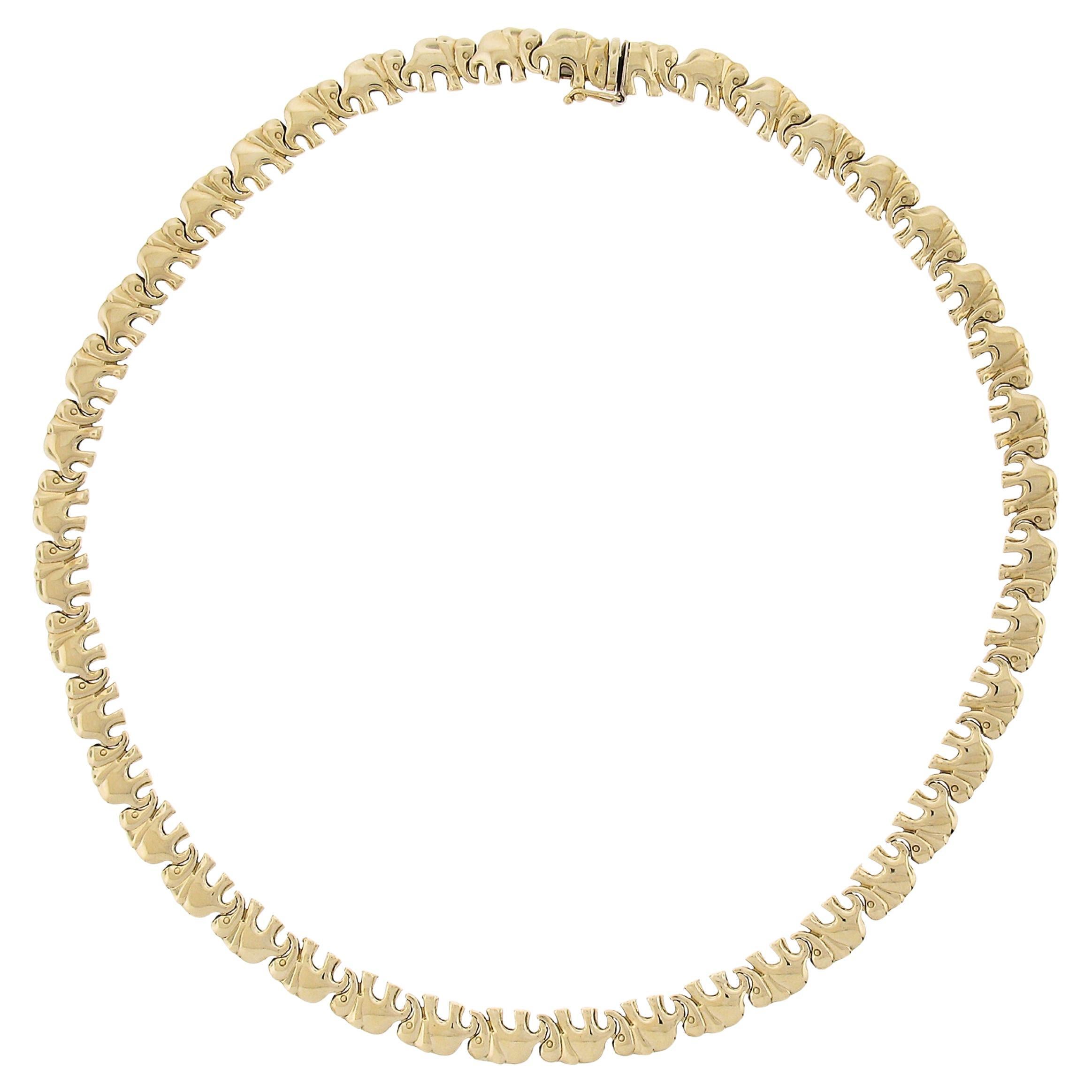 Italian 14K Yellow Gold 16" 7.9mm Polished Puffed Elephants Link Chain Necklace For Sale