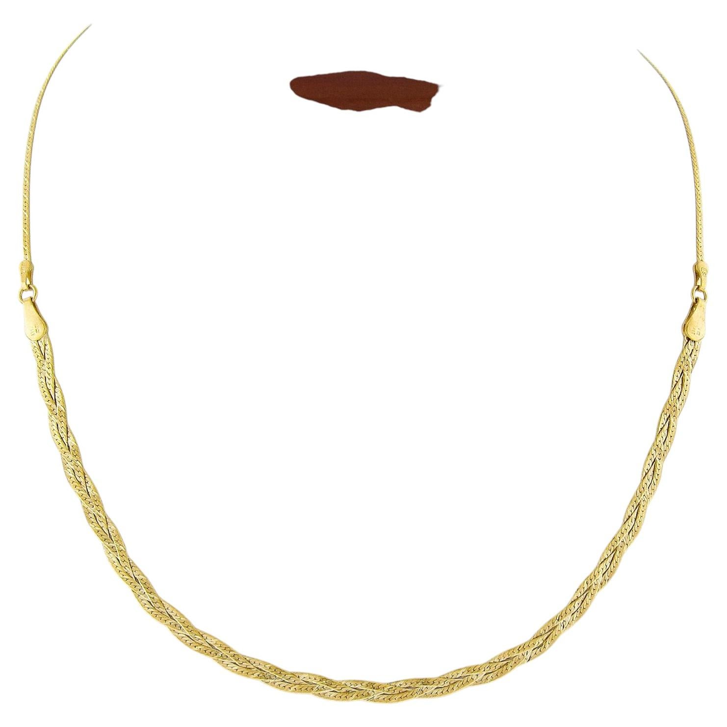 Italian 14k Yellow Gold 16" Fancy Textured Braided Flat Link Chain Necklace For Sale