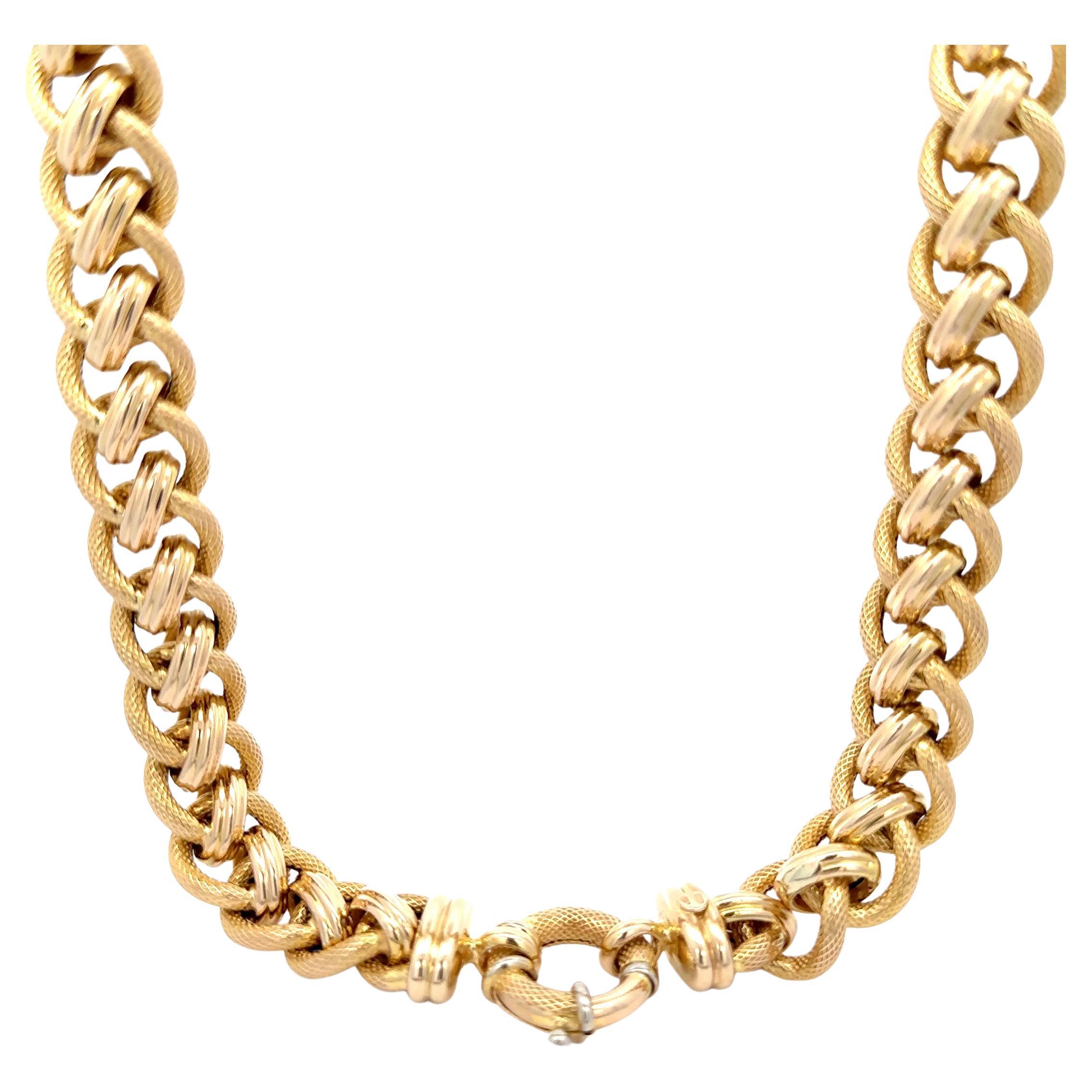 Italian 14k Yellow Gold 17" Wide Interlocking Textured & Polished Link Necklace For Sale