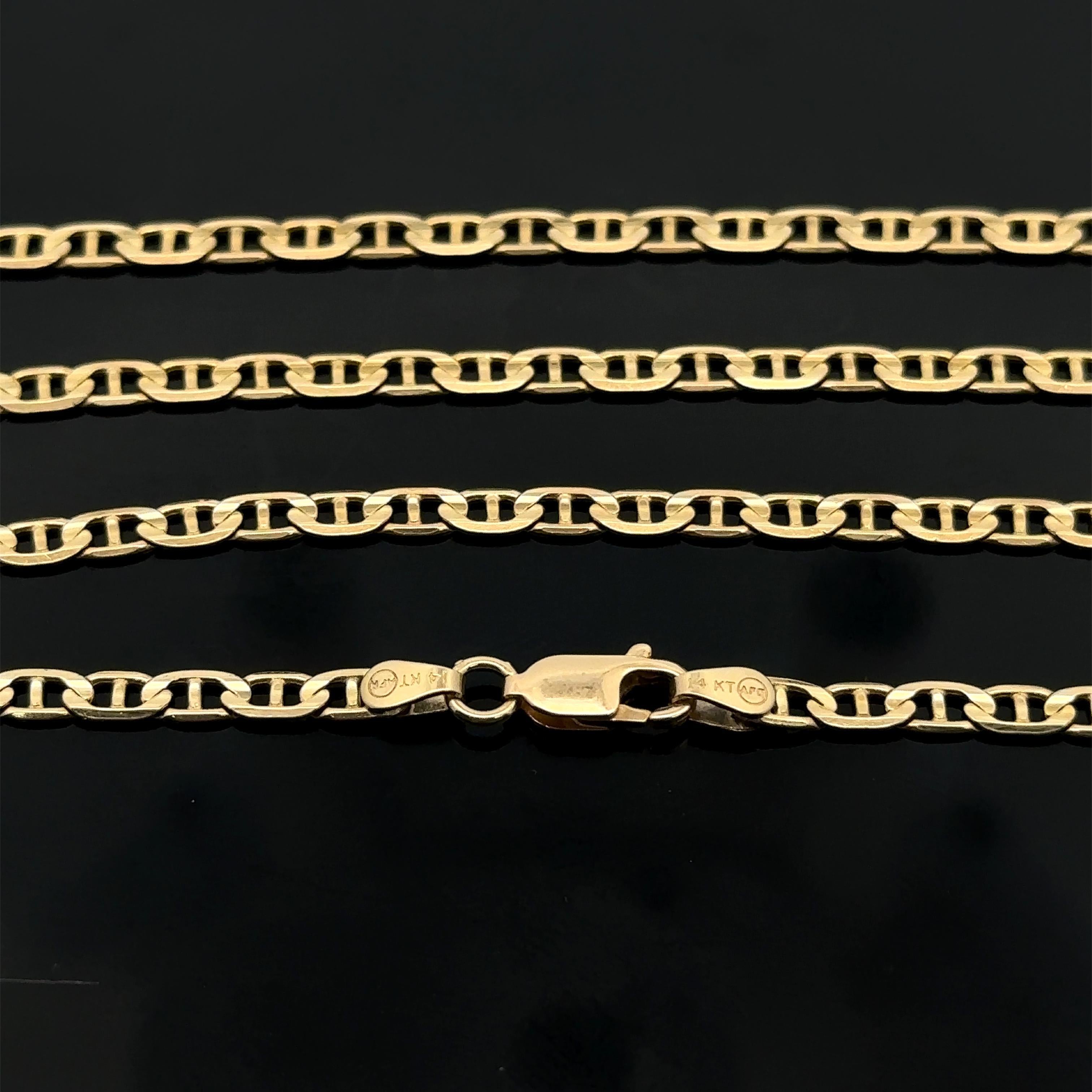Material: 14k Solid Yellow Gold 
Weight: 8.34 Grams
Type: Flat Mariner Link
Length: 18 Inches
Clasp: Lobster Claw
Width: 3.1mm (0.12