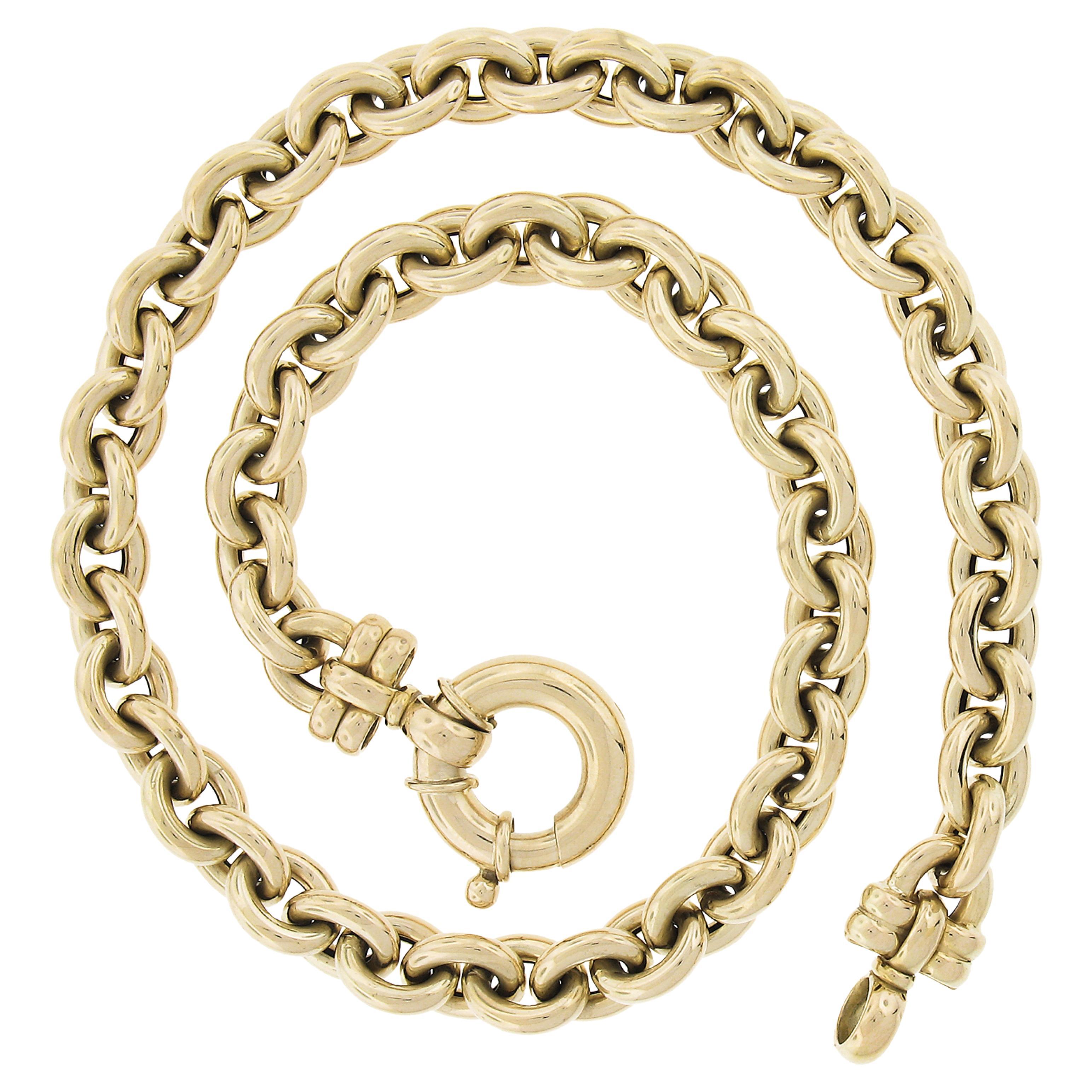 Italian 14K Yellow Gold 18" Open Oval Link Polished Chain Necklace Large Clasp For Sale