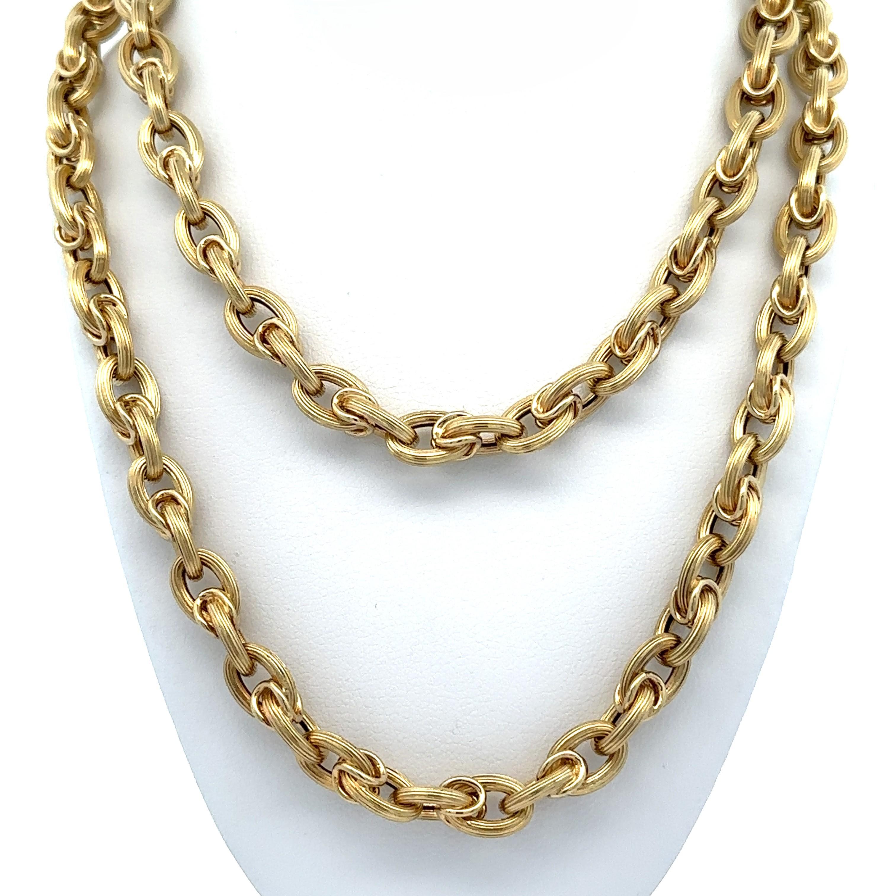 Collana a catena ovale aperta e scanalata in oro giallo 14k lunga 28