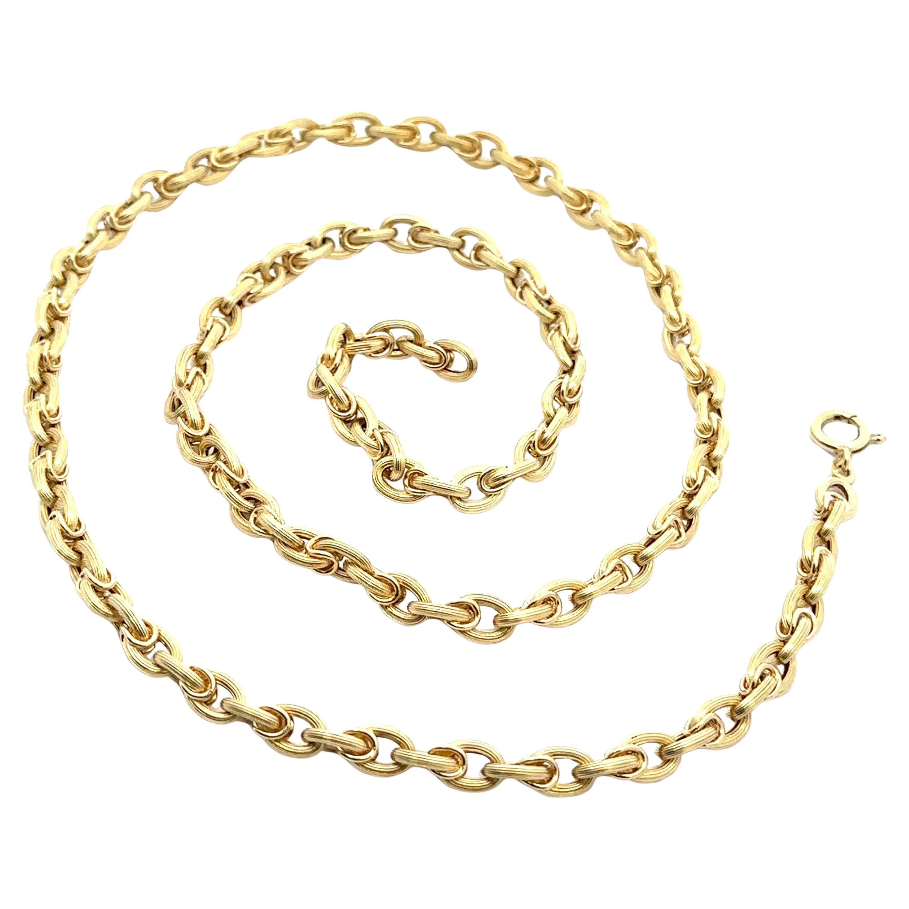 Italian 14k Yellow Gold 28" Long collier à maillons ovales ouverts texturés et cannelés