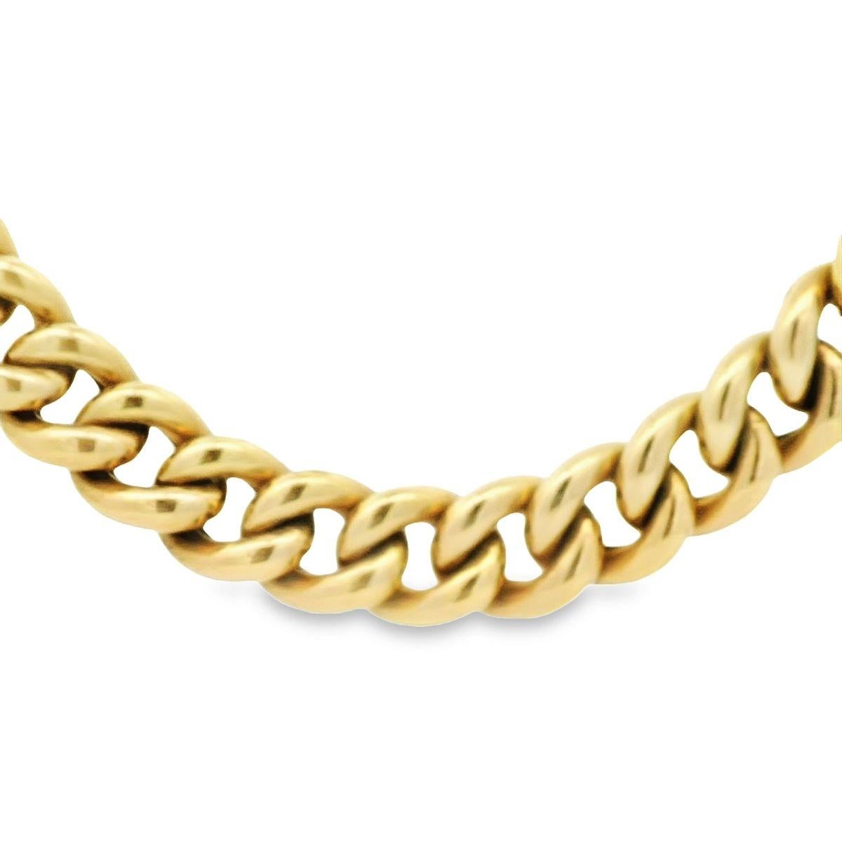 The essence of timeless design is represented here and offered by Alex & Co. Crafted in 14 karat yellow gold this 18 inch curb link necklace is effortlessly polished and nonchalant. This very flexible piece is Italian made weighing 63.96 grams,