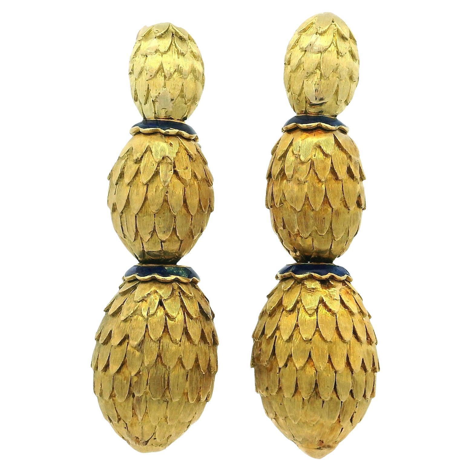 Orecchini scultura in oro giallo 14K e smalto blu, CIRCA 1960