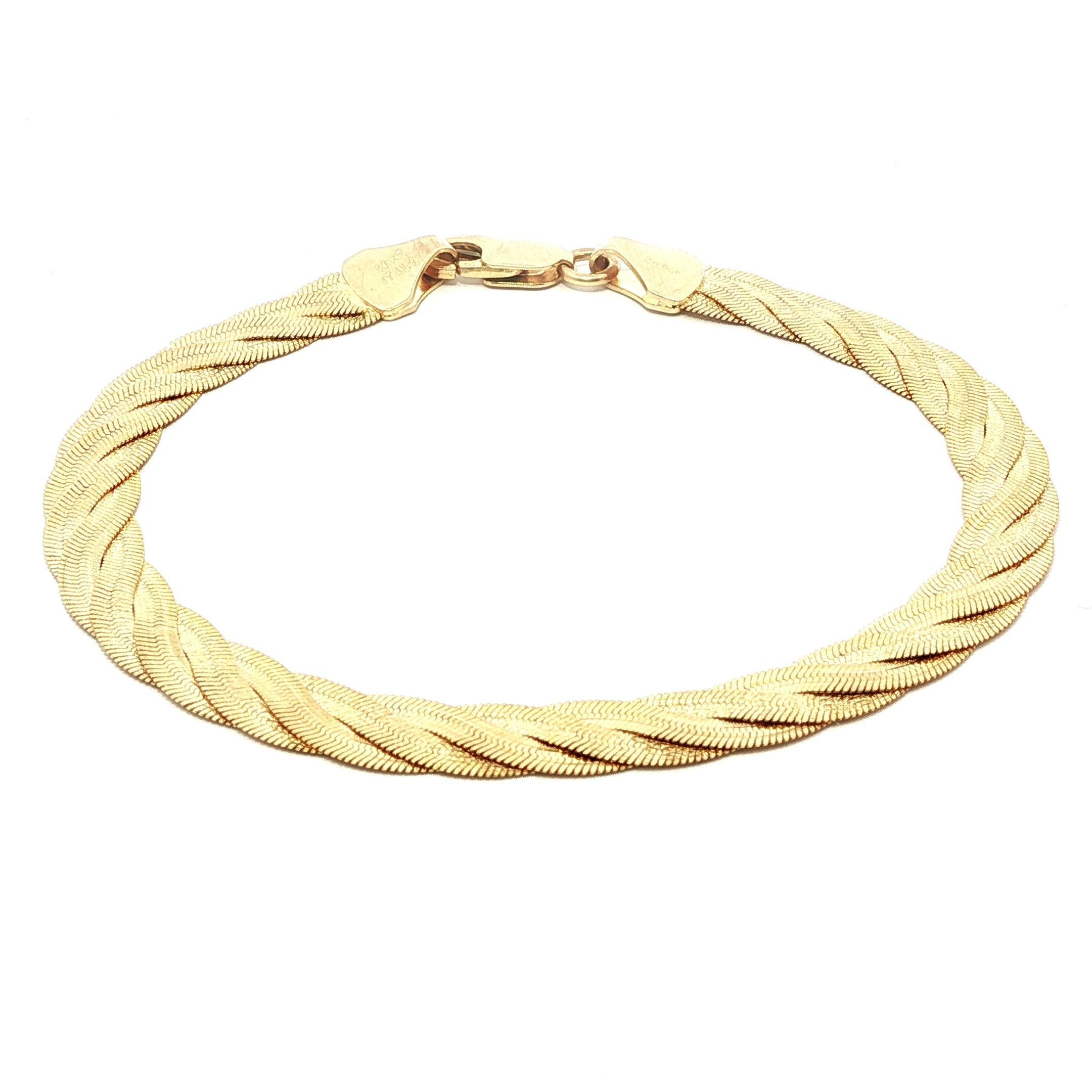 Pulsera italiana de oro amarillo de 14k con textura trenzada y eslabones planos en espiga en venta 3