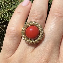 Italian 14k Yellow Gold Button Coral Solitaire Textured Curb Link Frame Ring
