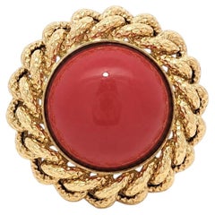 Italian 14k Yellow Gold Button Coral Solitaire Textured Curb Link Frame Ring