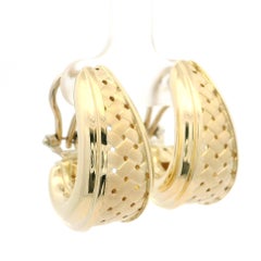 Italian 14k Yellow Gold Dual finish Basket Weave Pattern Cuff Omega Earrings