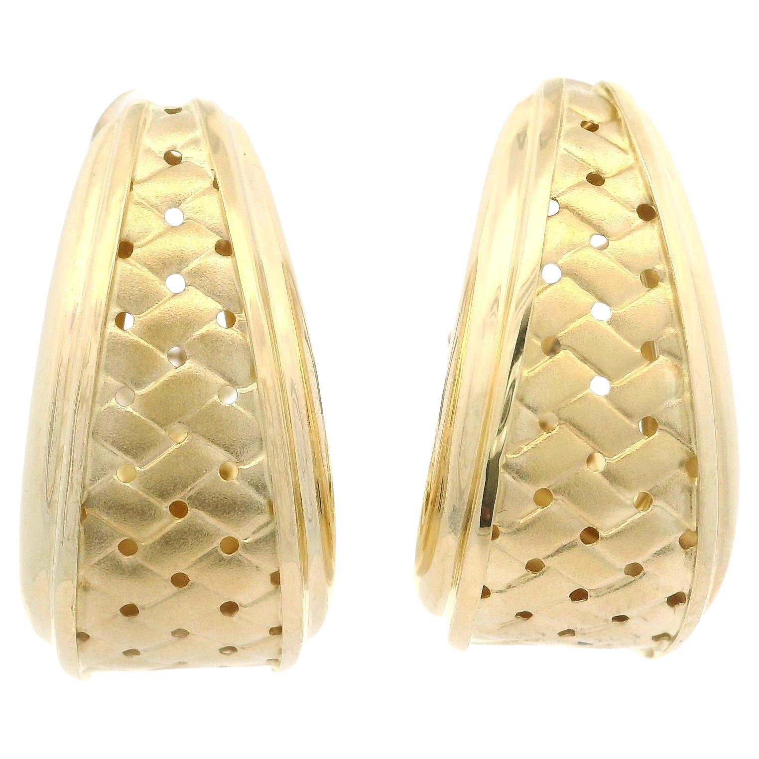 Italian 14k Yellow Gold Dual finish Basket Weave Pattern Cuff Omega Earrings For Sale