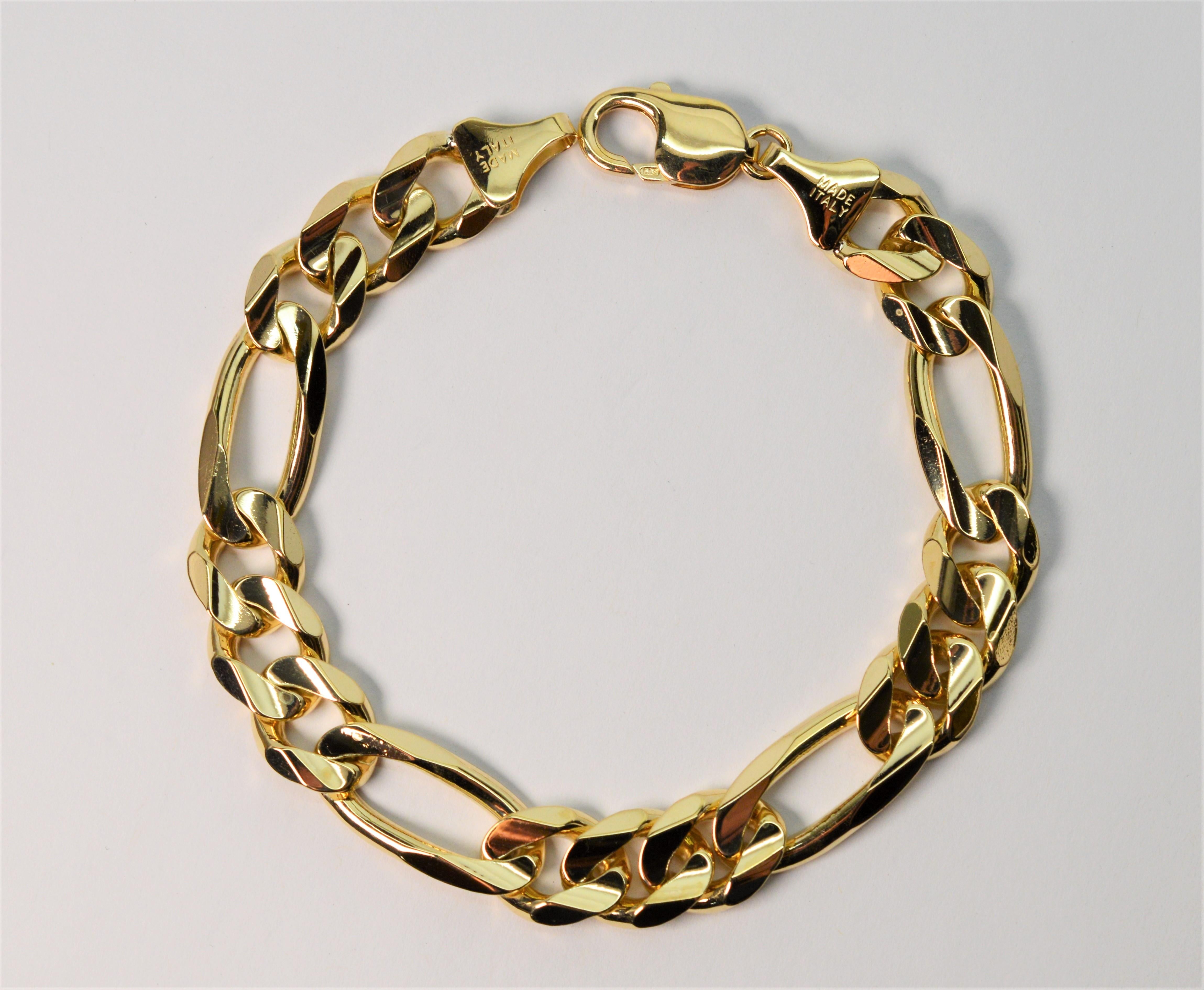 Women's or Men's Italian 14K Yellow Gold Figaro Heavy Chain Bracelet