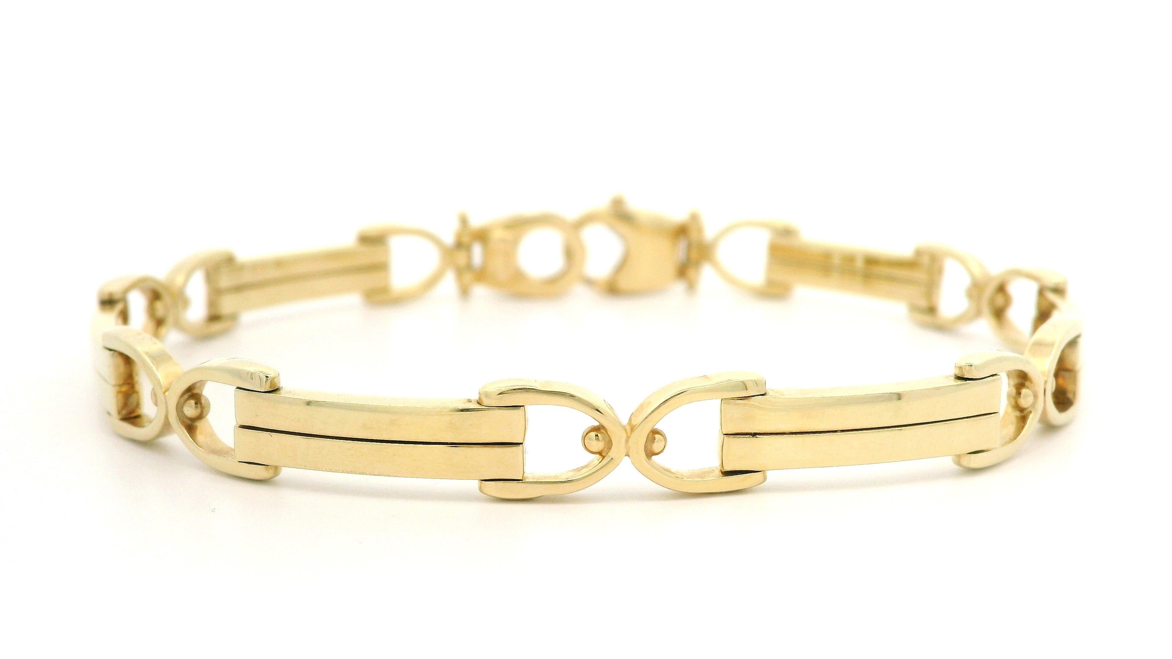 Bracelet italien en or jaune 14 carats à maillons style « étrier de selle » avec profil bas fantaisie en vente 1