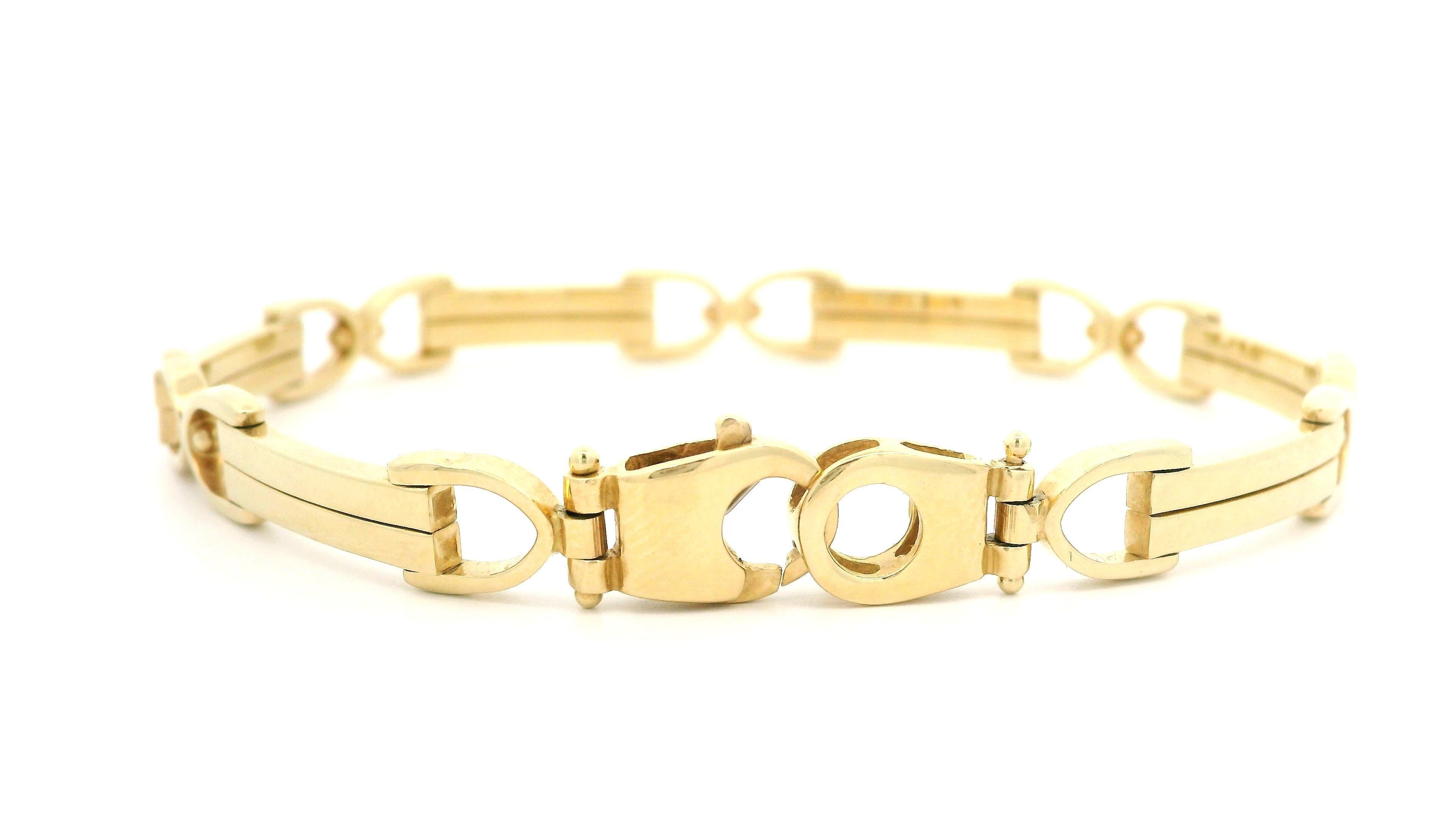 Bracelet italien en or jaune 14 carats à maillons style « étrier de selle » avec profil bas fantaisie en vente 2