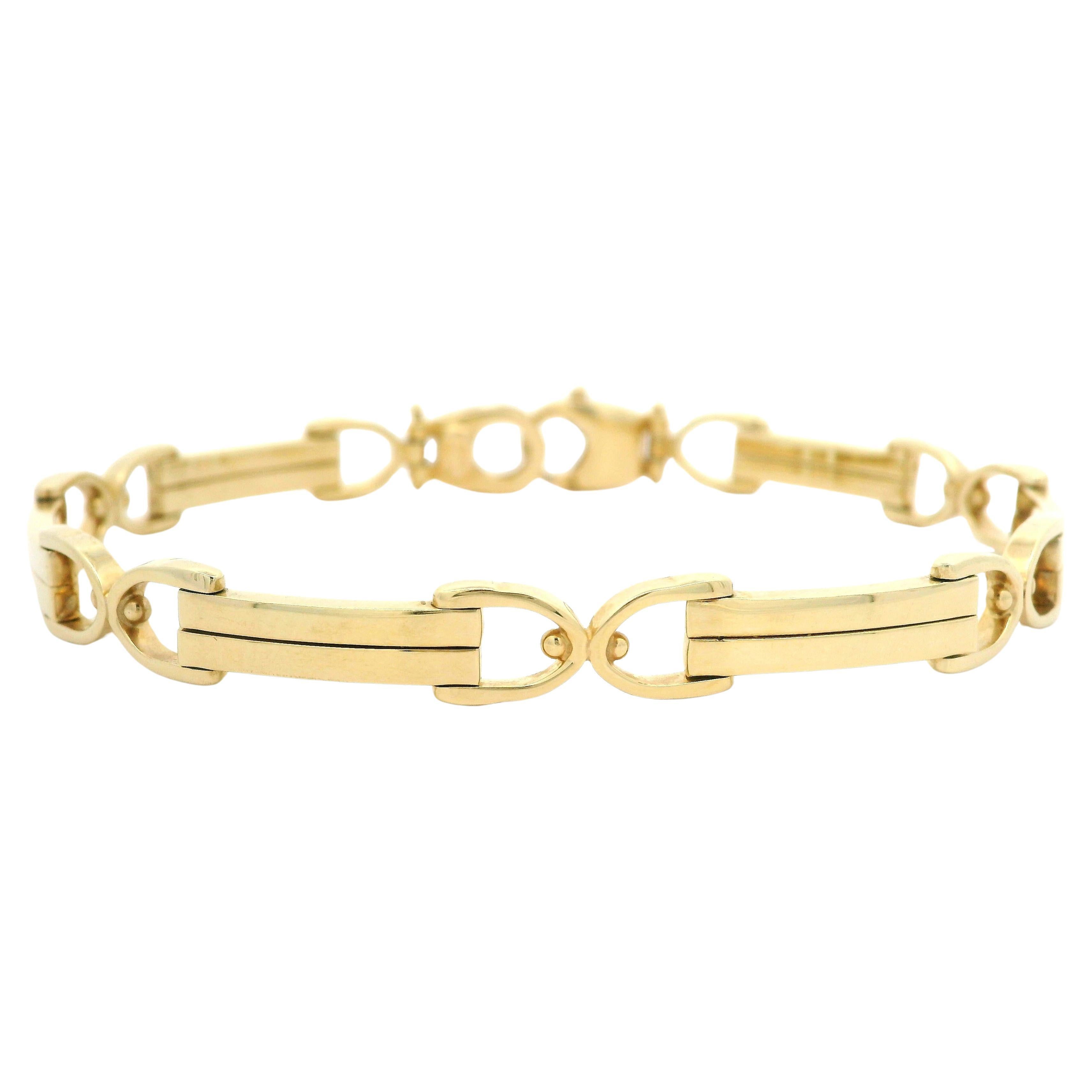 Italian 14k Yellow Gold Horse Saddle Stirrup Bar Fancy Low Profile Link Bracelet