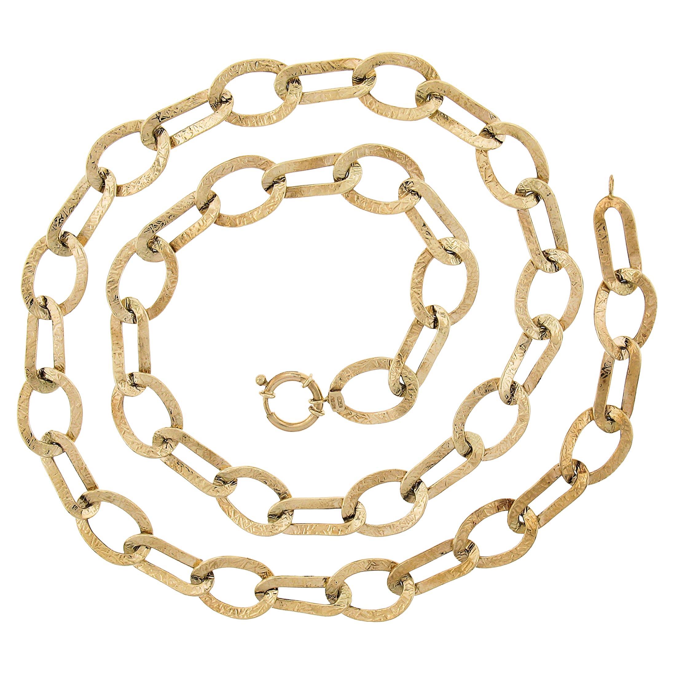 Long collier italien en or jaune 14 carats texturé à maillons ouverts de 24 pouces