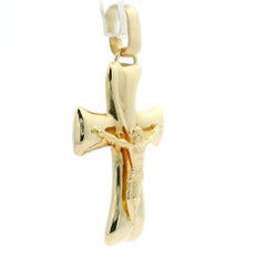 Italian 14k Yellow Gold Puffed Cross Crucifix Charm Pendant