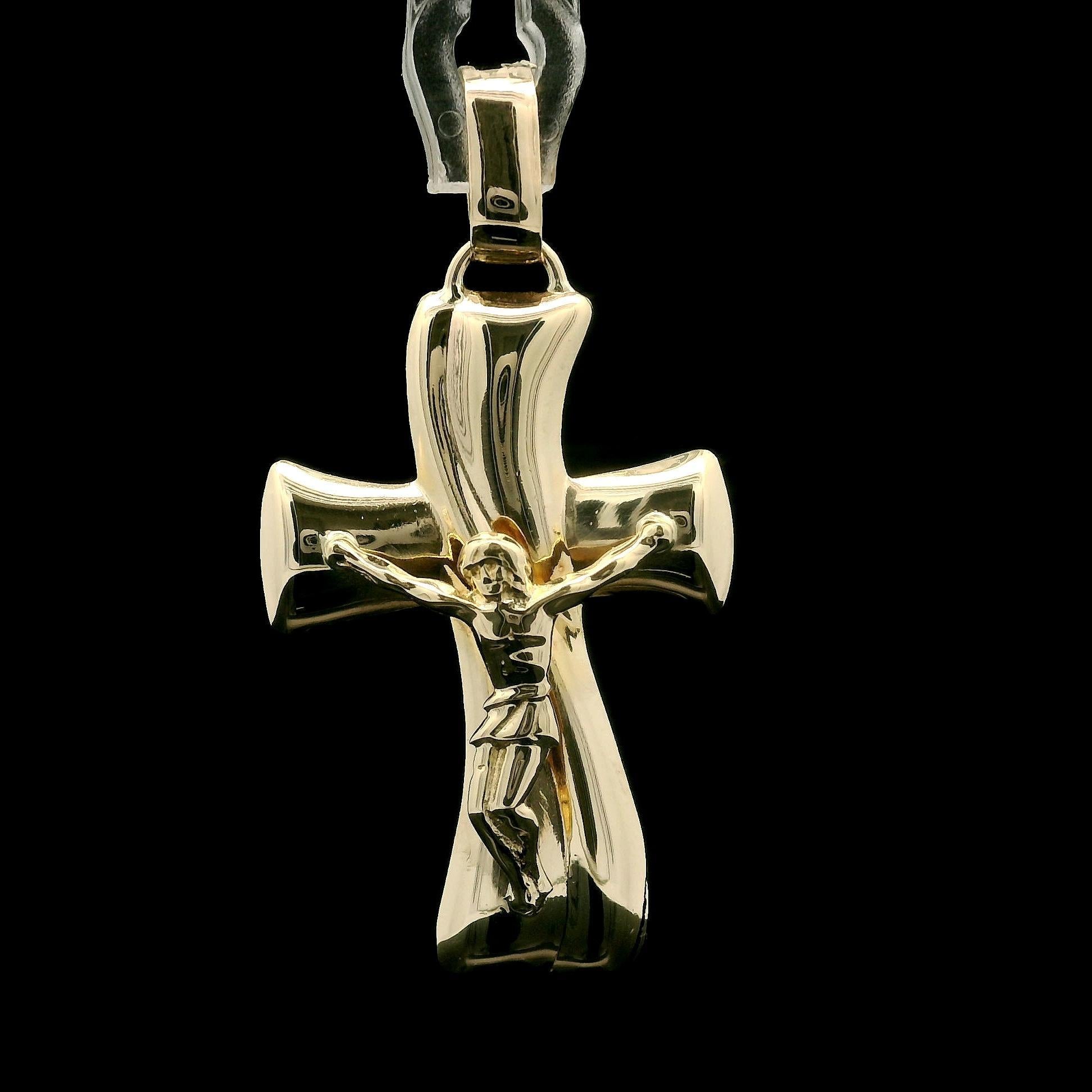 Pendentif Crucifix en or jaune 14k avec breloque en forme de croix soufflée en vente 2