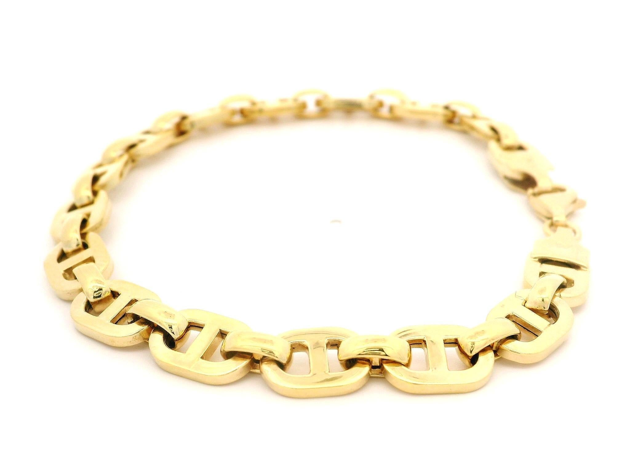 Women's or Men's Italian 14k Yellow Gold Puffed Squared Mariner Polished Link Bracelet For Sale