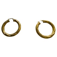 Italian 14K Yellow Gold Rope Like/ Round Twisted Pair of Hoop Earrings